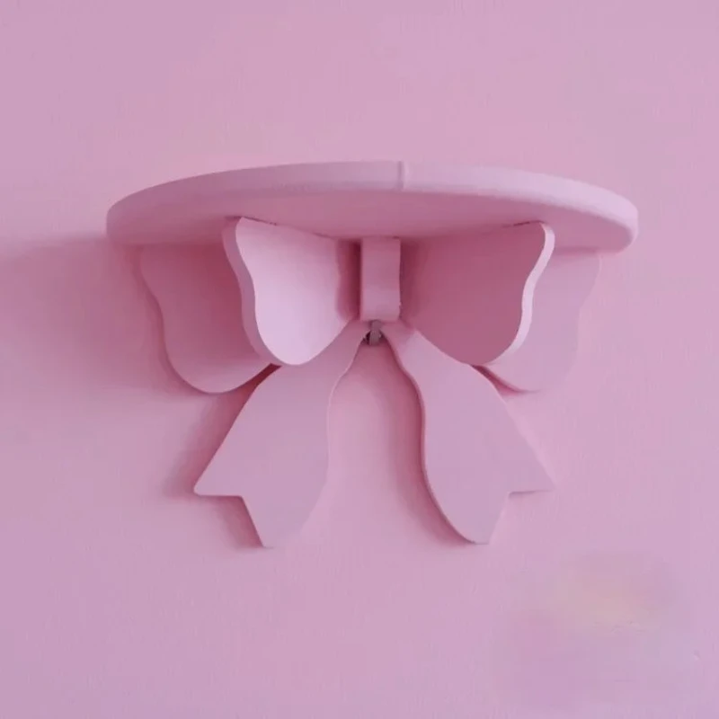 Pink Bow Wooden Floating Wall Shelf Wall Mounted Cosmetic Storage Rack Cute Kids Princess Room Decor Display Organizer