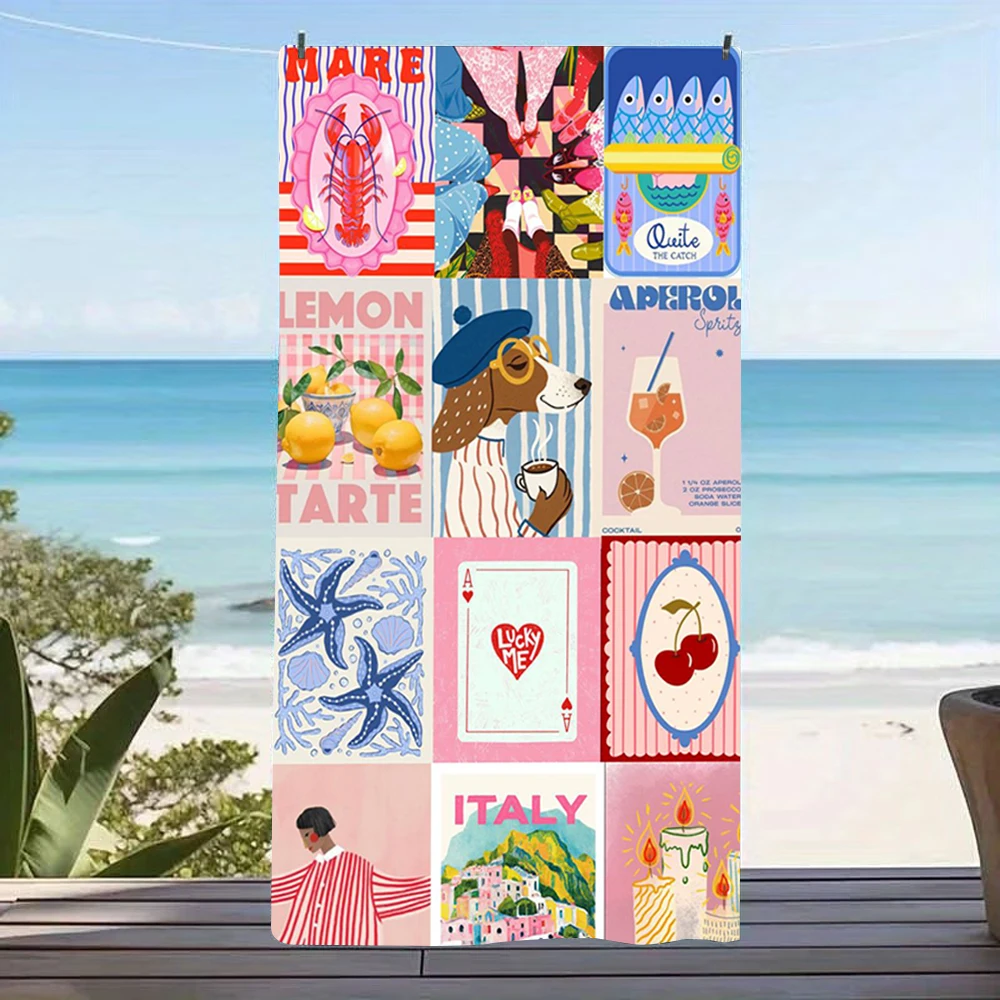 Coastal Grid Lobster Dachshund Multi Print Beach Towel,fast dry sand-block fabric for yacht tripsgarden parties poolside relax