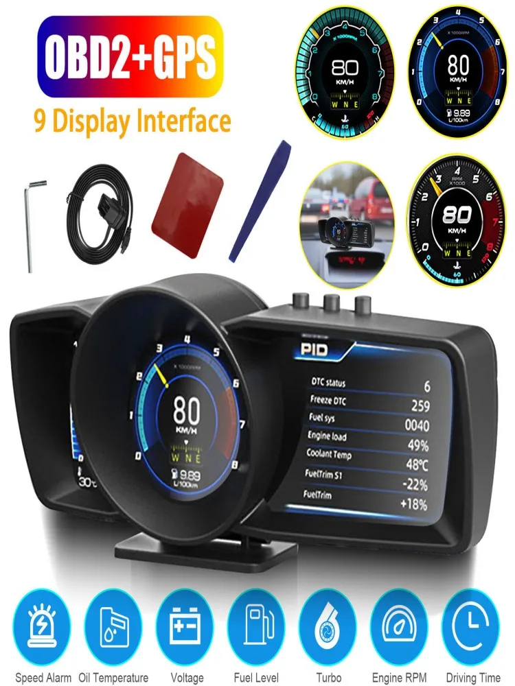 Car HUD Multi-Function Dashboard Head Up Display OBD+GPS Smart Speedometer Auto Gauge Alarm System Turbo Boost.A600