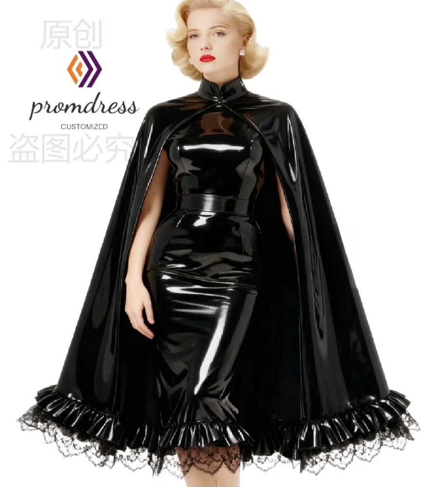 فستان عيد ميلاد أسود مثير مع كيب عتيق من مادة PVC بطول الركبة فستان سهرة قصير بحاشية من الدانتيل فستان كوكتيل أنيق برقبة عالية للحفلات الراقصة #1