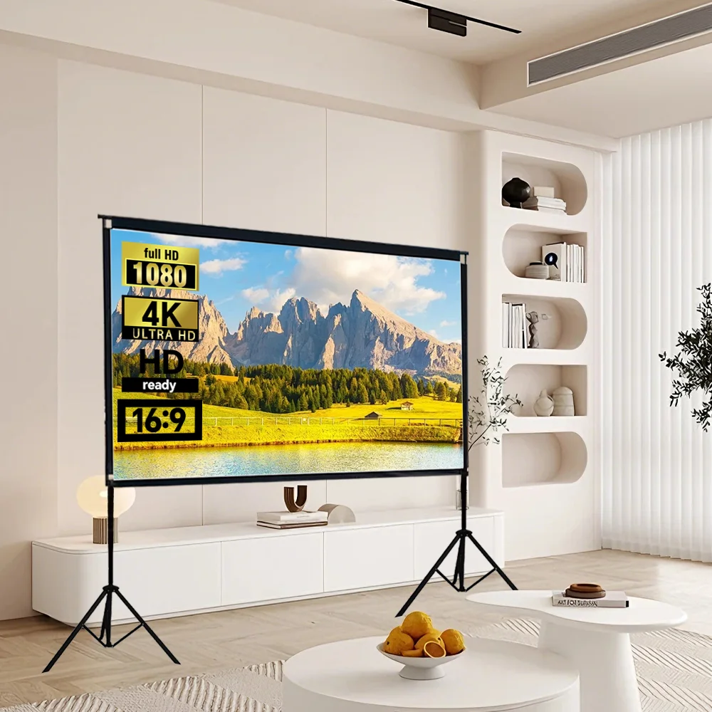 High-definition white projection screen 110 inches with stand, portable and foldable, 16:9 aspect ratio, suitable for indoor