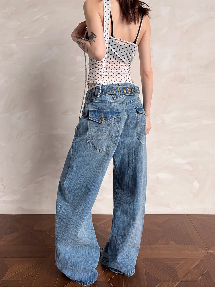 

High Waist Wide Leg Jeans Women's Distressed Pocket Design Floor Length Bootcut Denim Pants Adjustable Buckle Slimming Effect