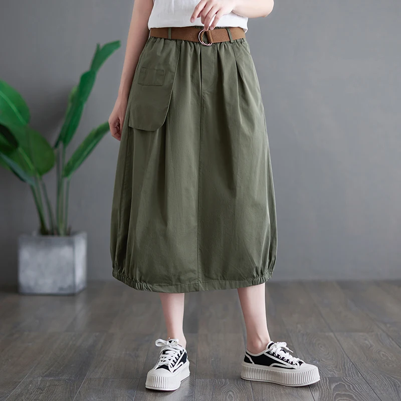 

2024 New Arrival Summer Casual Loose Fit Elastic Waist A-line Pockets Patchwork Cotton Mid-calf Vintage Women Skirts S183