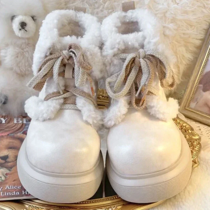 Japanese Kawaii Ankle Boots Women Pure Color Lace-up Sweet Plush Shoes Female Street Fashion Casual Boots Autumn 2024 New