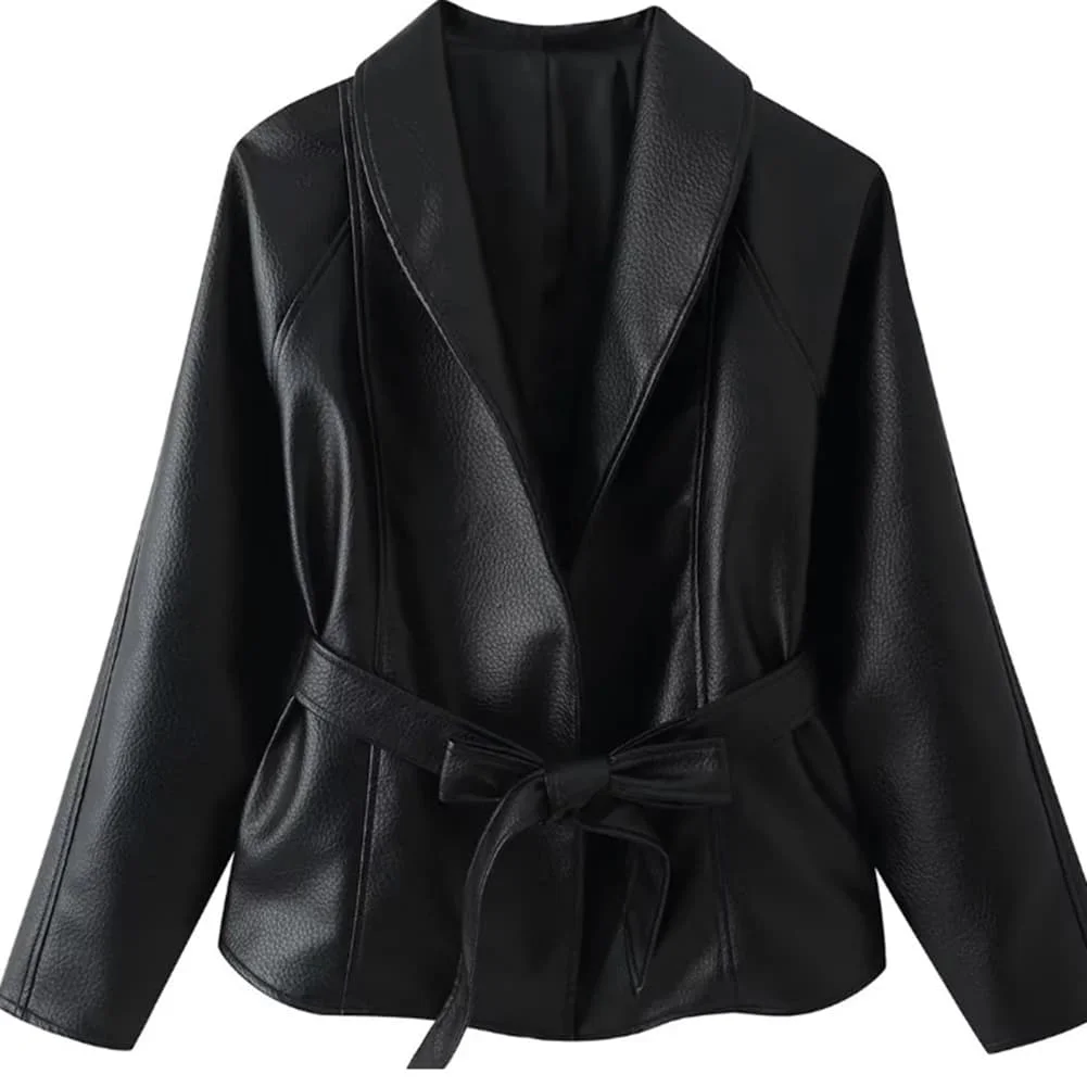 Short-Sleeve Fitted PU Leather Jacket for Women Featuring Tie Waist Design Suitable for Cycling and Holiday Wear