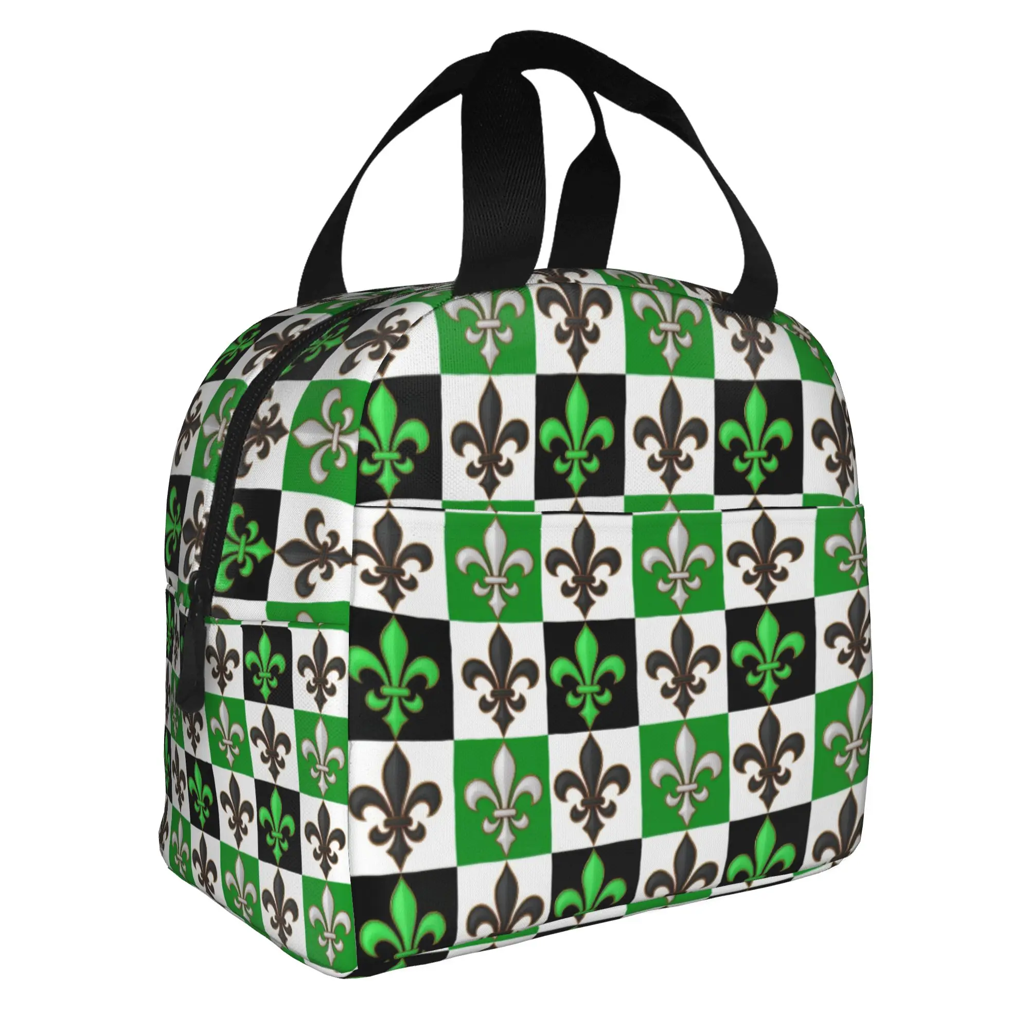 Checkered Fleur De Lis Resuable Lunch Box Women Waterproof Green Black White Thermal Cooler Food Insulated Lunch Bag Office Work