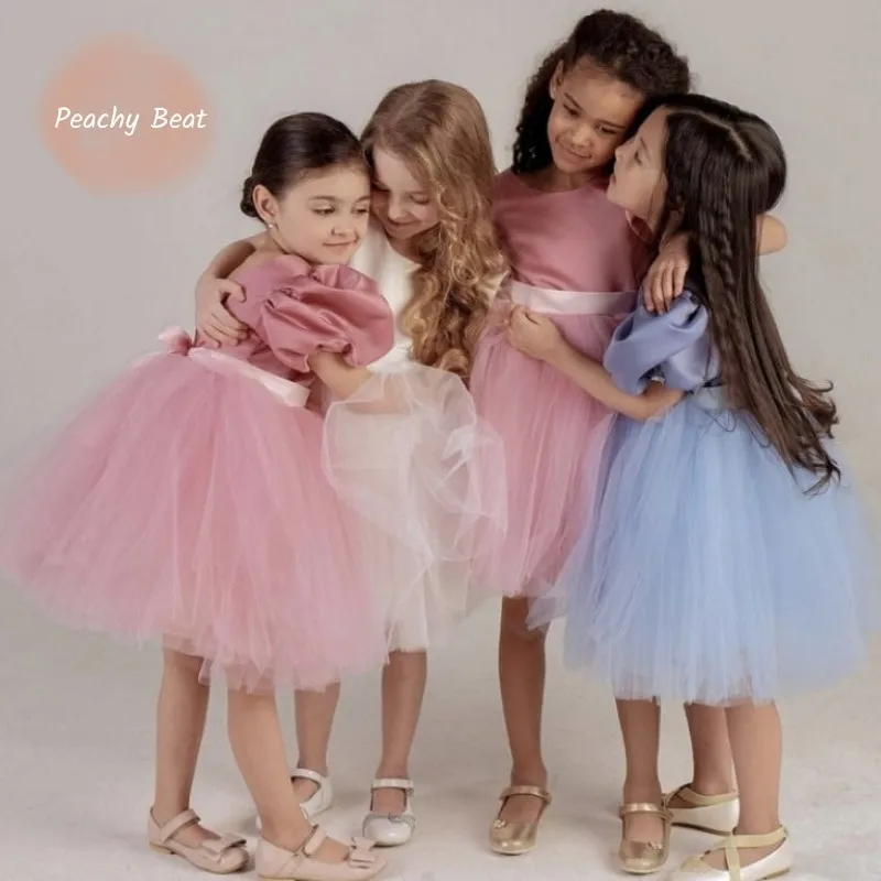 Fashion Girl Princess Vintage Silk Dress Puff Sleeve Child Tulle Vestido Wedding Party Birthday Tutu Dress Child Clothes 1-12Y