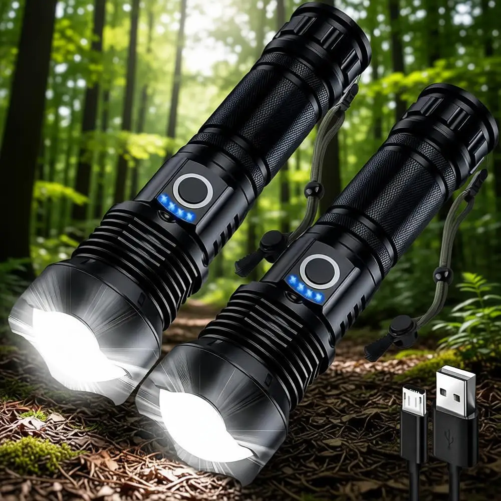 

Dual Pack 90000 Lumens Rechargeable LED Flashlights - 12-Hour Long Life, 5 Modes for Home and Outdoor Use