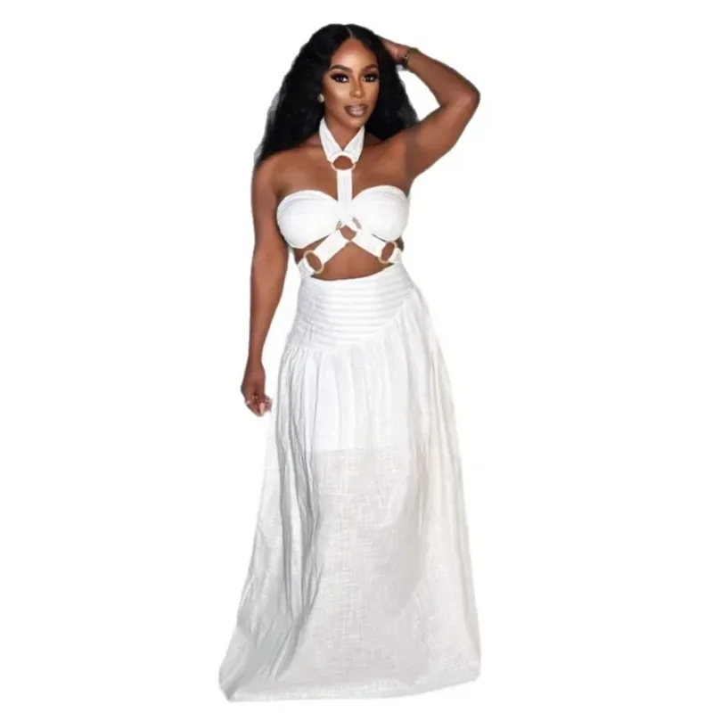 Elegant Evening 2 Piece Dress Set Woman Sexy Backless Halter Tops and Long Skirt Matching Summer Birthday Party Outfits