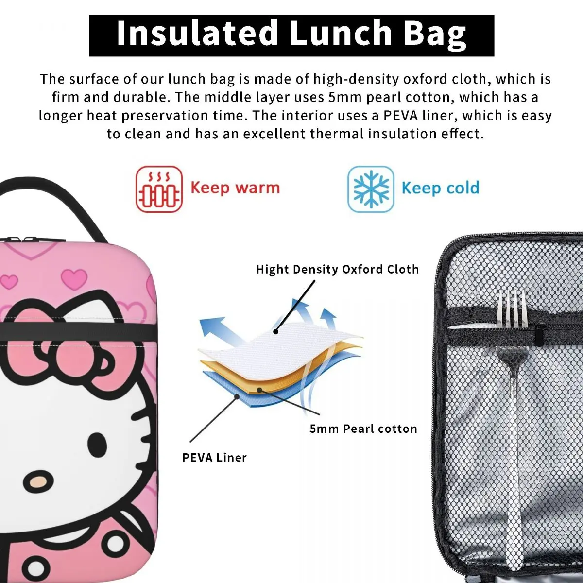 Cute Kawaii Hello Kitty borsa termica per il pranzo borsa termica riutilizzabile portatile Lunch Box Tote School Picnic borse per la conservazione