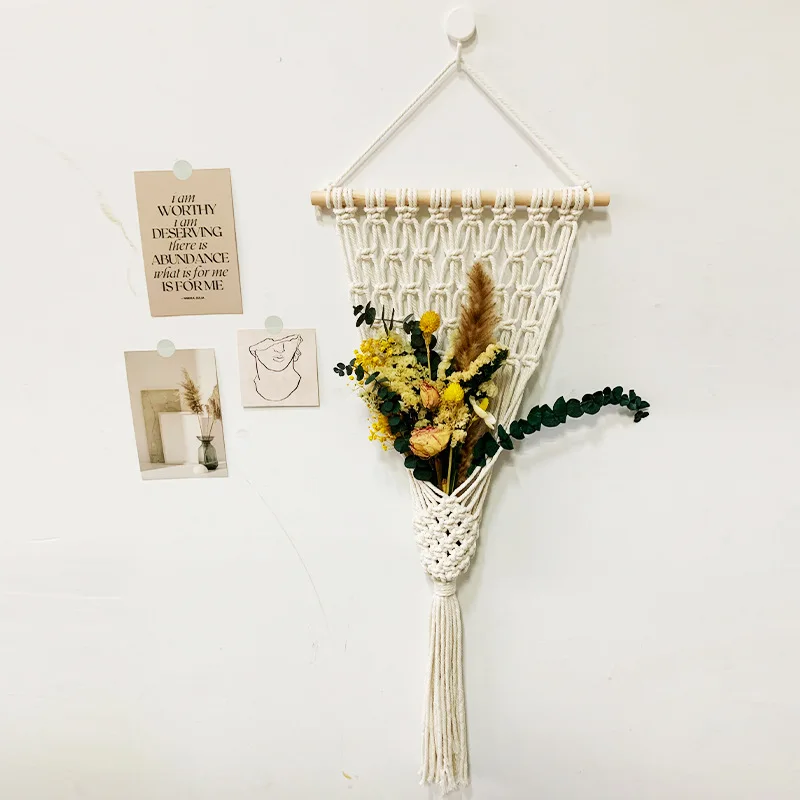 1pcs Handmade Macrame Dried Flower Net Bag Rustic Style Tassel Storage Pouch Wall Decor Living Room Wall Hanging Home Decoration