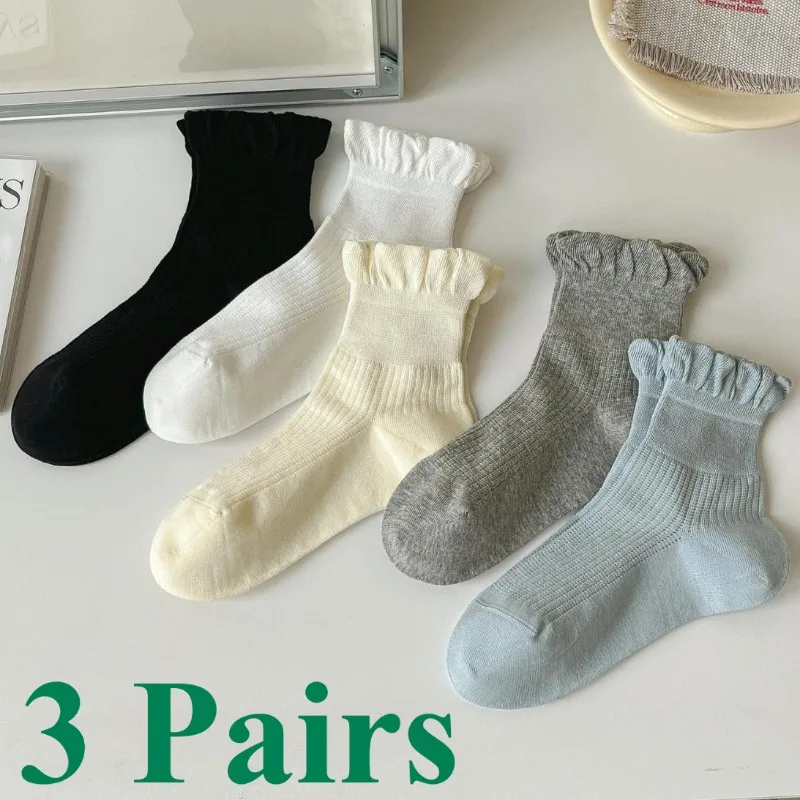 

3 пары новых дизайнерских свободных носков с манжетами, женские однотонные белые хлопковые мягкие носки со свободным верхом, весна-лето, тонкие дышащие носки в стиле Лолита