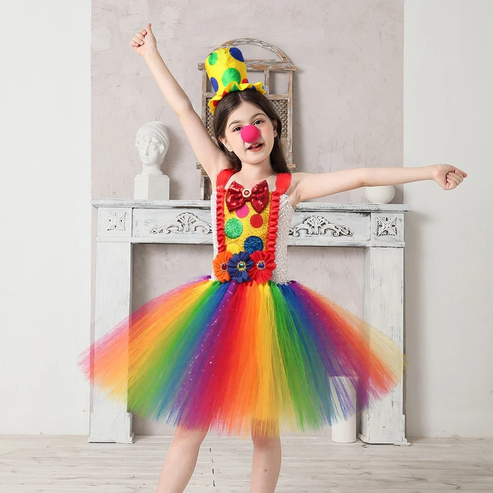 Clown Multicolored Circus Costume for Girls Funny Joker Halloween Tutu Dress Kids Fancy Birthday Party Pageant Carnival Clothes