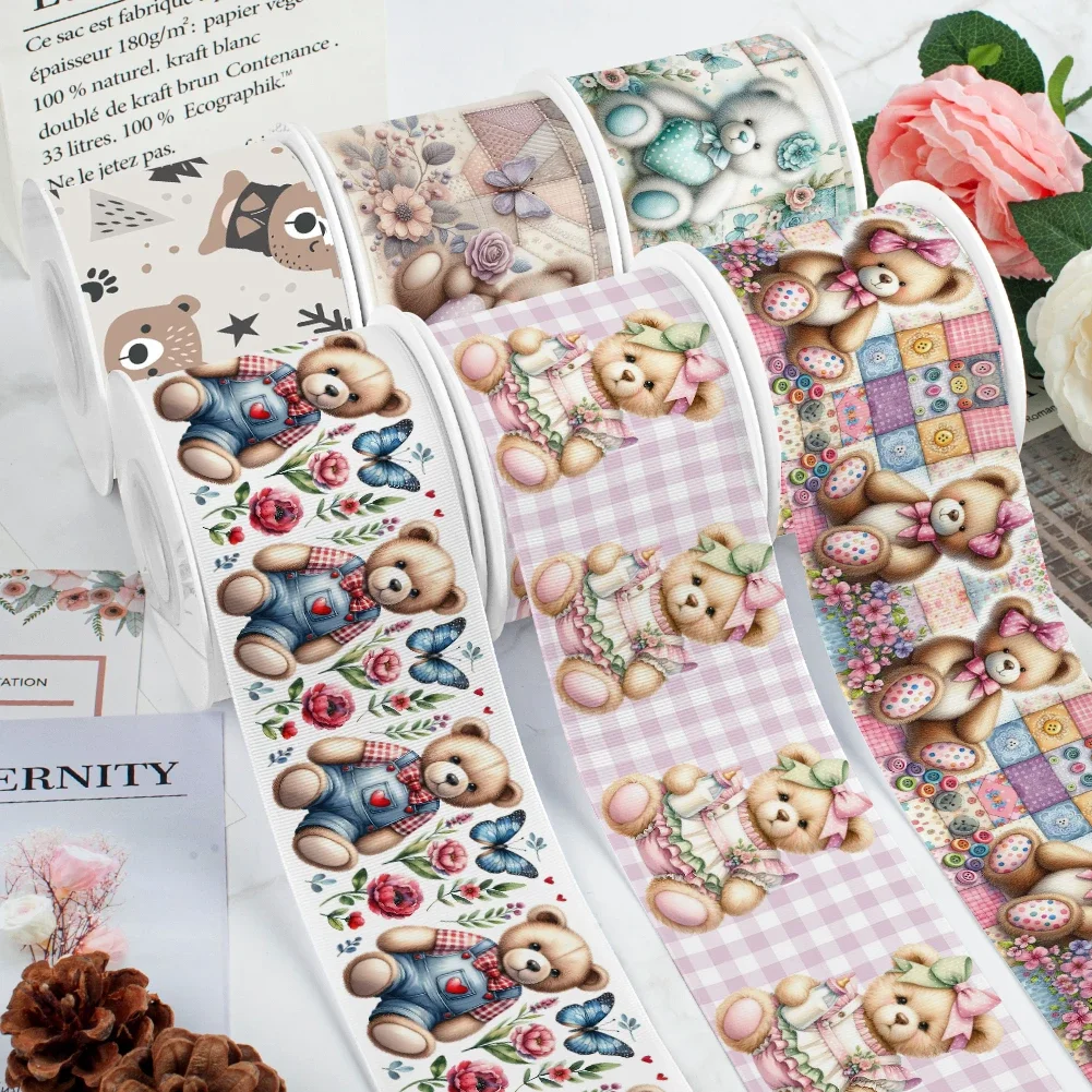 5yards Grosgrain Ribbons Cartoon Bear Pattern Grosgrain Ribbons Satin Ribbon for Cheer Gift DIY Girl Hair Bows