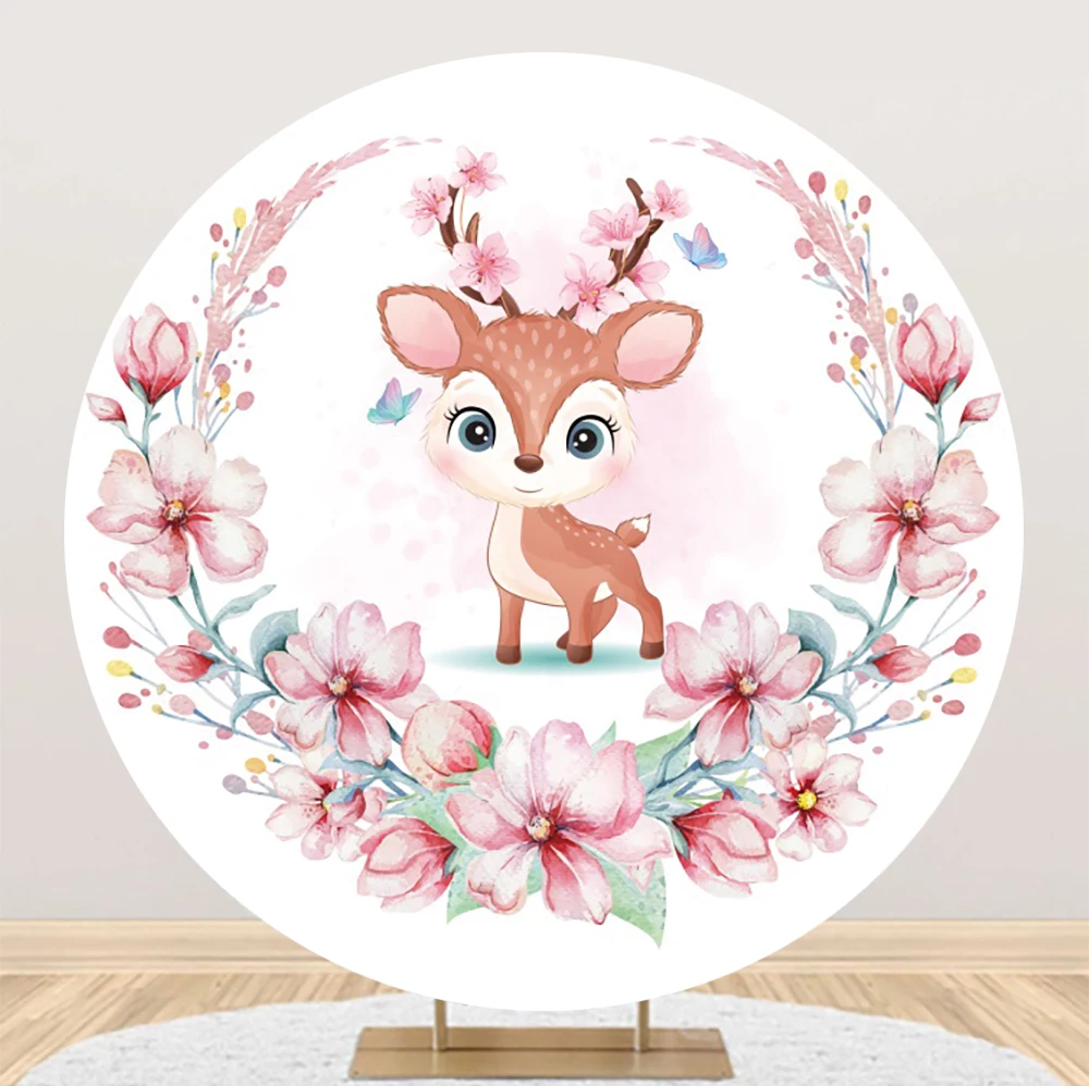 Round Photography Background Sweet Deer Pink Floral Girls 1st Birthday Party Decoration Watercolor Animal Photo Backdrop Booth