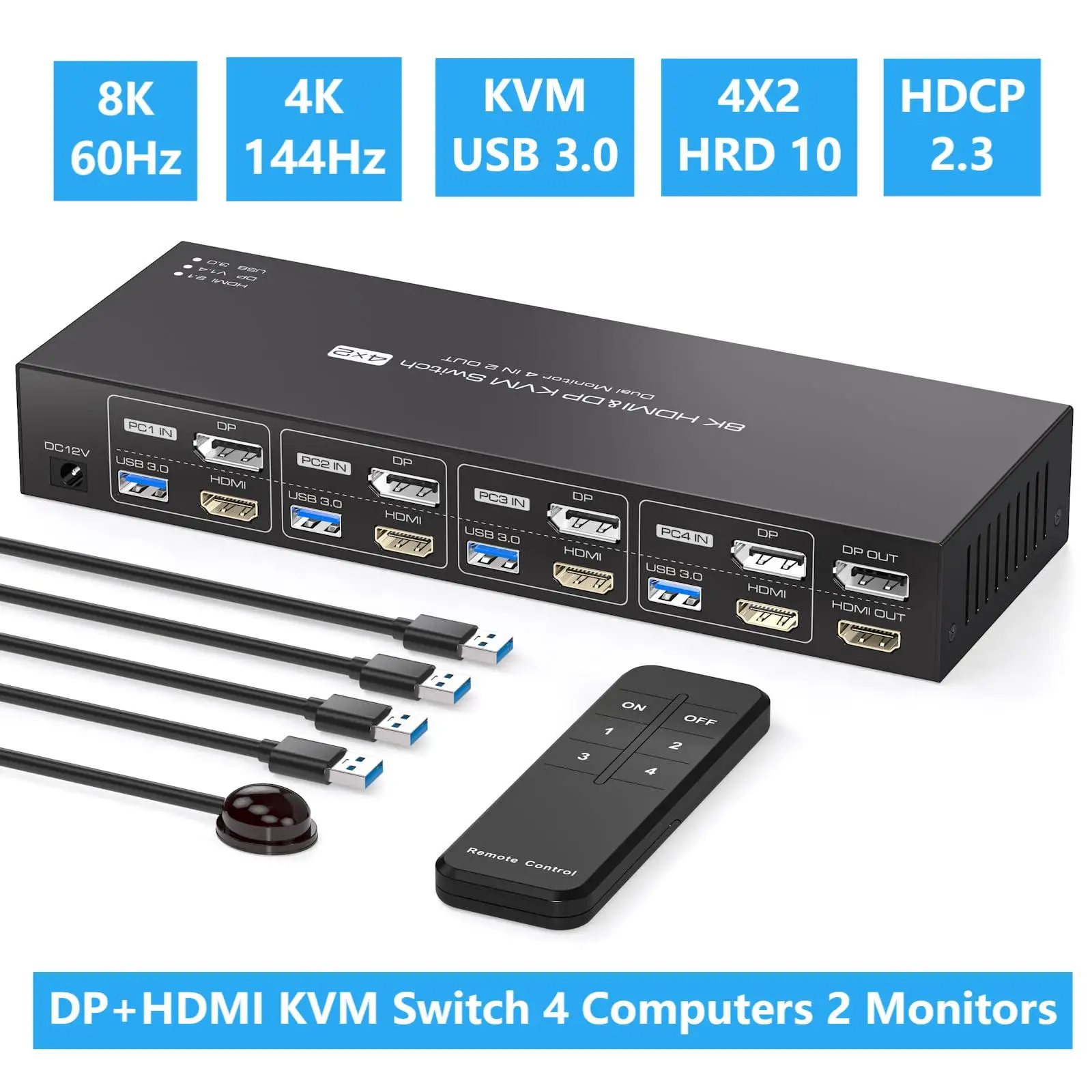 Displayport HDMI KVM Switch 4 Computers 2 Monitors 8K@60Hz KVM Switches Dual Monitor for 4 PC Share 2 Monitor + 4 USB 3.0 Device