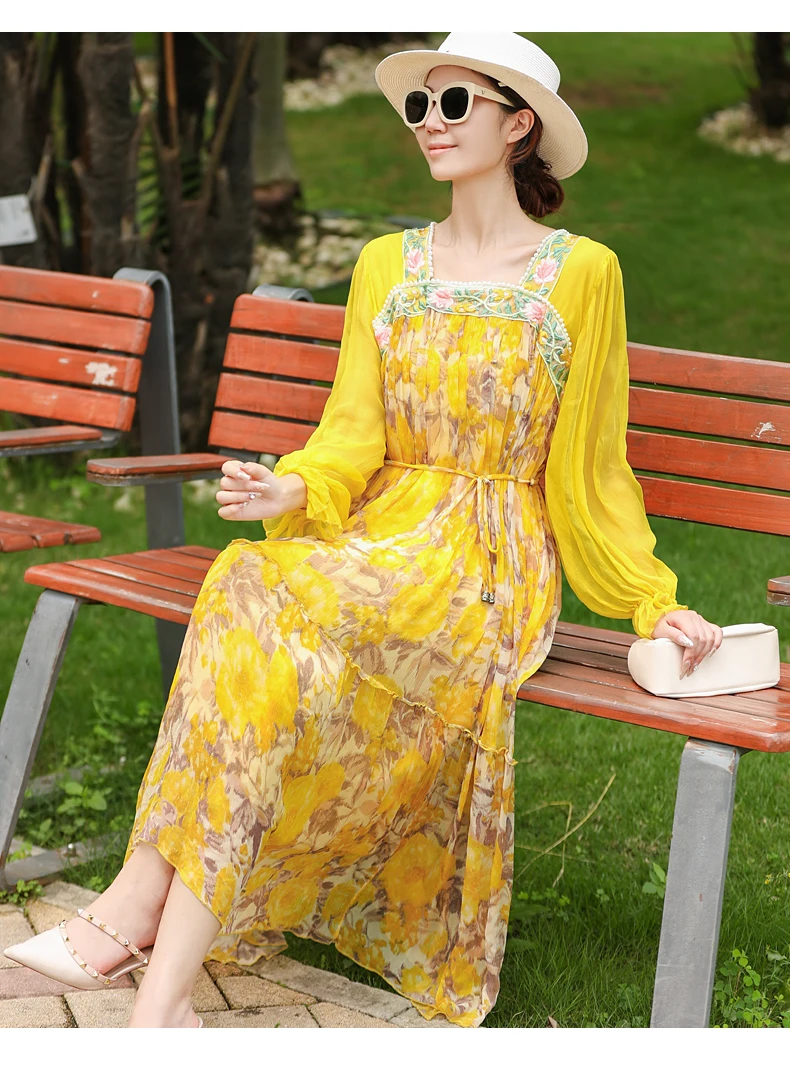 High-End Summer New Square Neck for Women Loose and Elegant Printed +Embroidery Mid length Silk Dress One Size