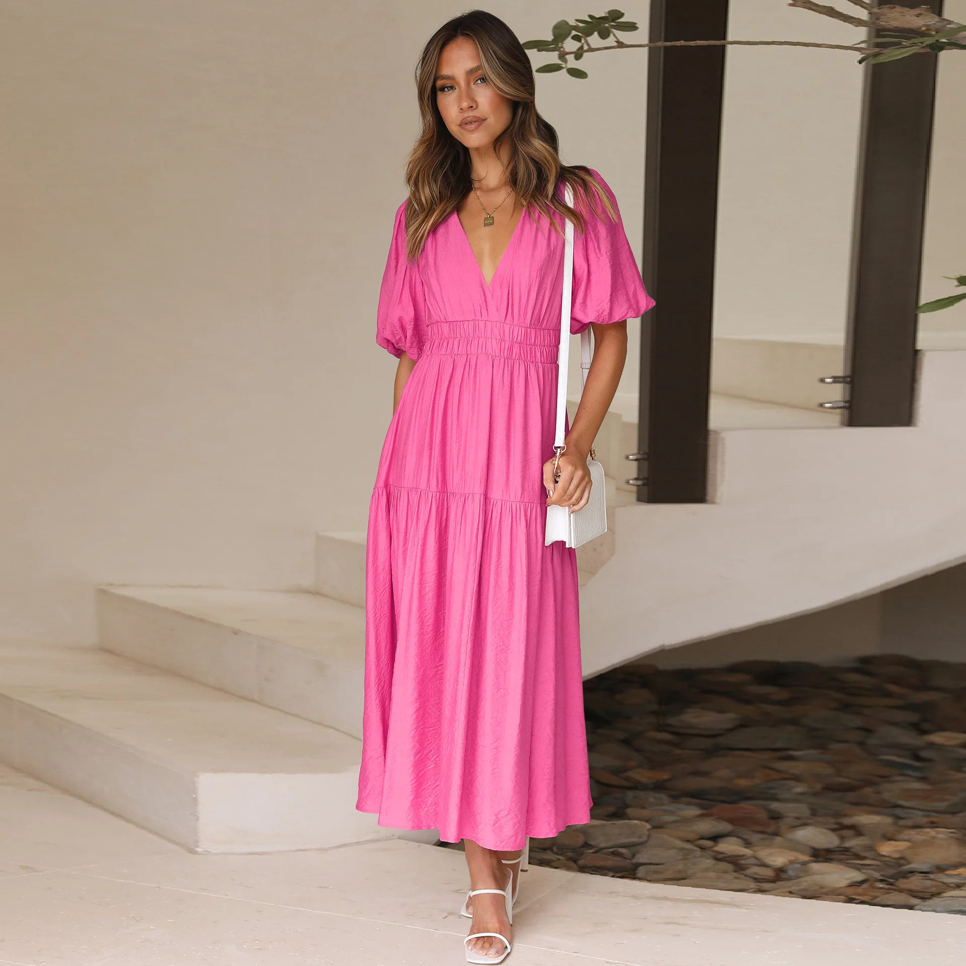 

Elegant Deep V Neck Halter Sexy Madi Dress Women Fashion Short Sleeve Fold A-line Loose Solid Pleated Evening Long Dress Lady