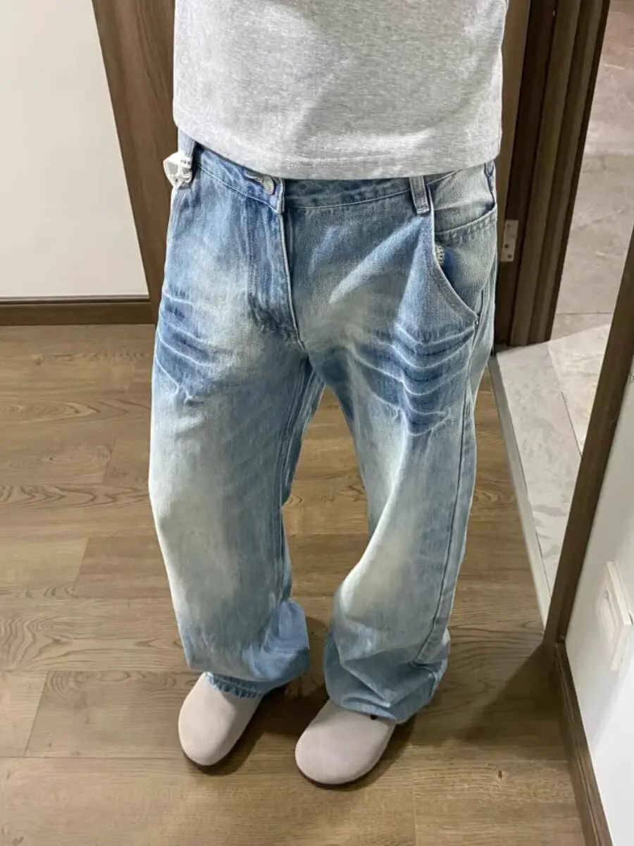 

Cleanfit American High Street Distressed Washed Blue Jeans Loose Straight Casual Loose Flared Long Trousers Trendy for Men An...