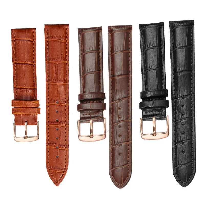 2024 New Fashion  Leather Watch Band Replacement Leather Watchband Rose Gold Buckle Black Brown Watch Strap