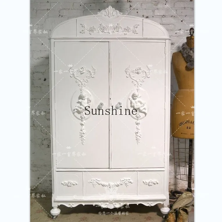 French retro old angel carved solid wood wardrobe double door children's wardrobe