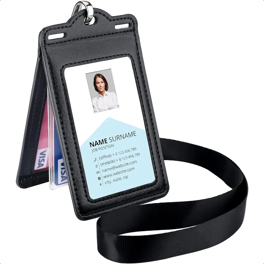 Suporte de crachá com 2 cordões de couro, contém facilmente cartões de 1 a 6 cartões, suporte de cartão de identificação resistente com três dobras para professor, escola, direito médico