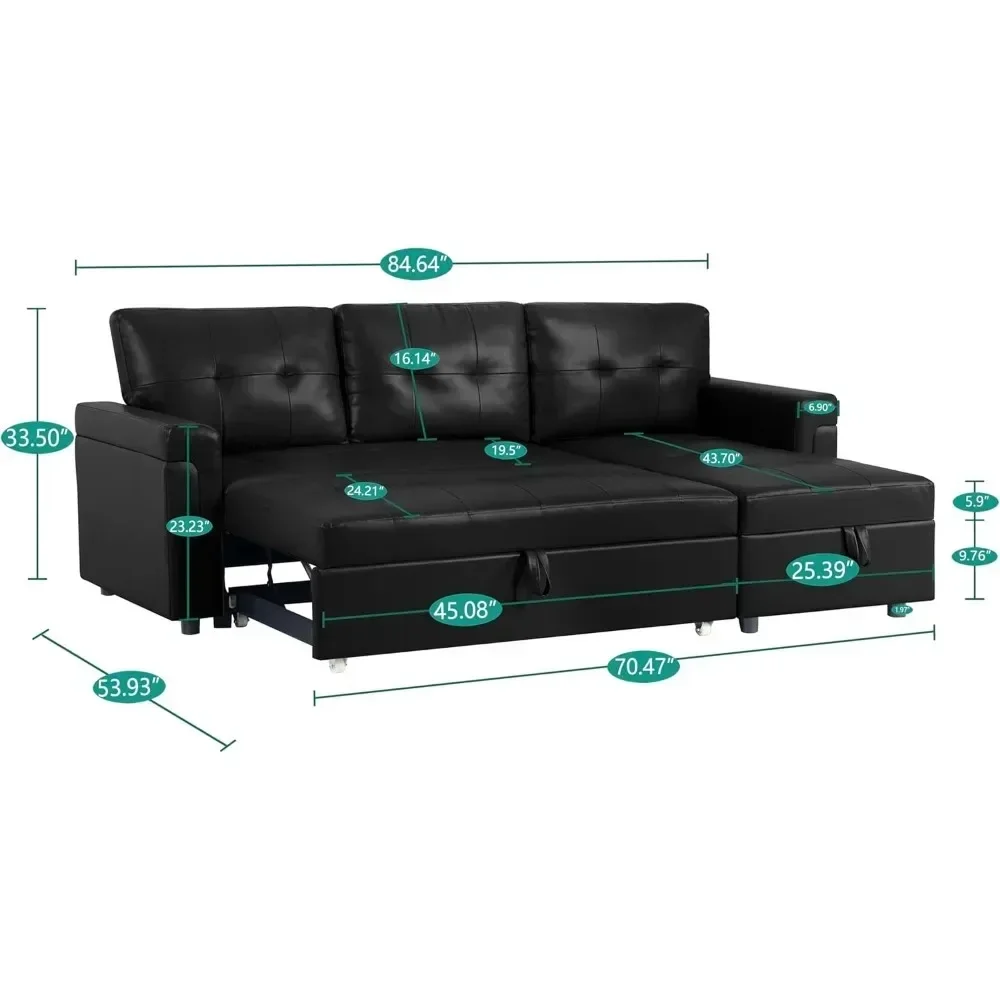 Leather Sofa ,with Storage Chaise, Pull-Out Couch with Storage, Sectional Sofas Bed, L-Shaped, Tufted Sectional Sofa Sleeper