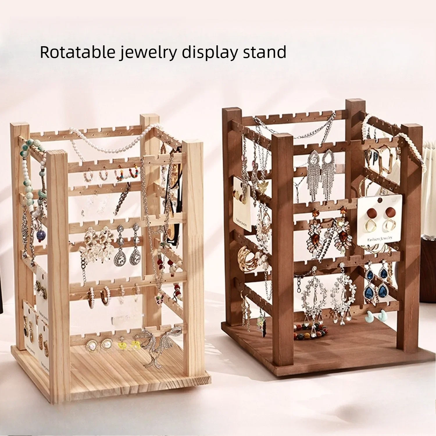 Rotating Wooden Jewelry Rack, Multi-function Organizer for Headbands, Hairpins, Bracelets, Keychains, Phone Chains and Earrings