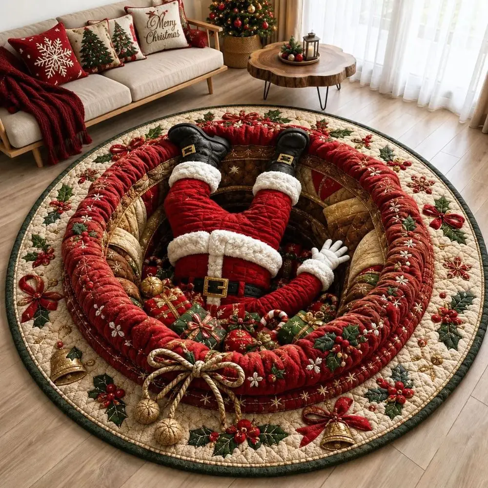 60*60cm Christmas Round Carpet Imitation Cashmere Red Santa Claus Floor Mat Anti-Slip 3D Special-shaped Bedroom Door Mat
