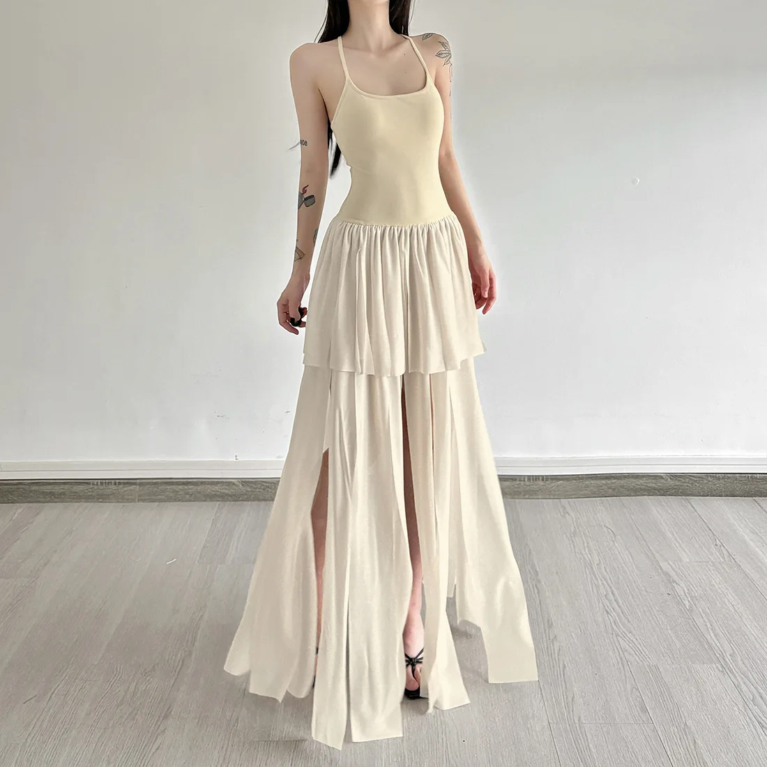 Verão novo cor sólida fino ajuste cintura irregular emagrecimento dupla camada vestido versátil para mulher