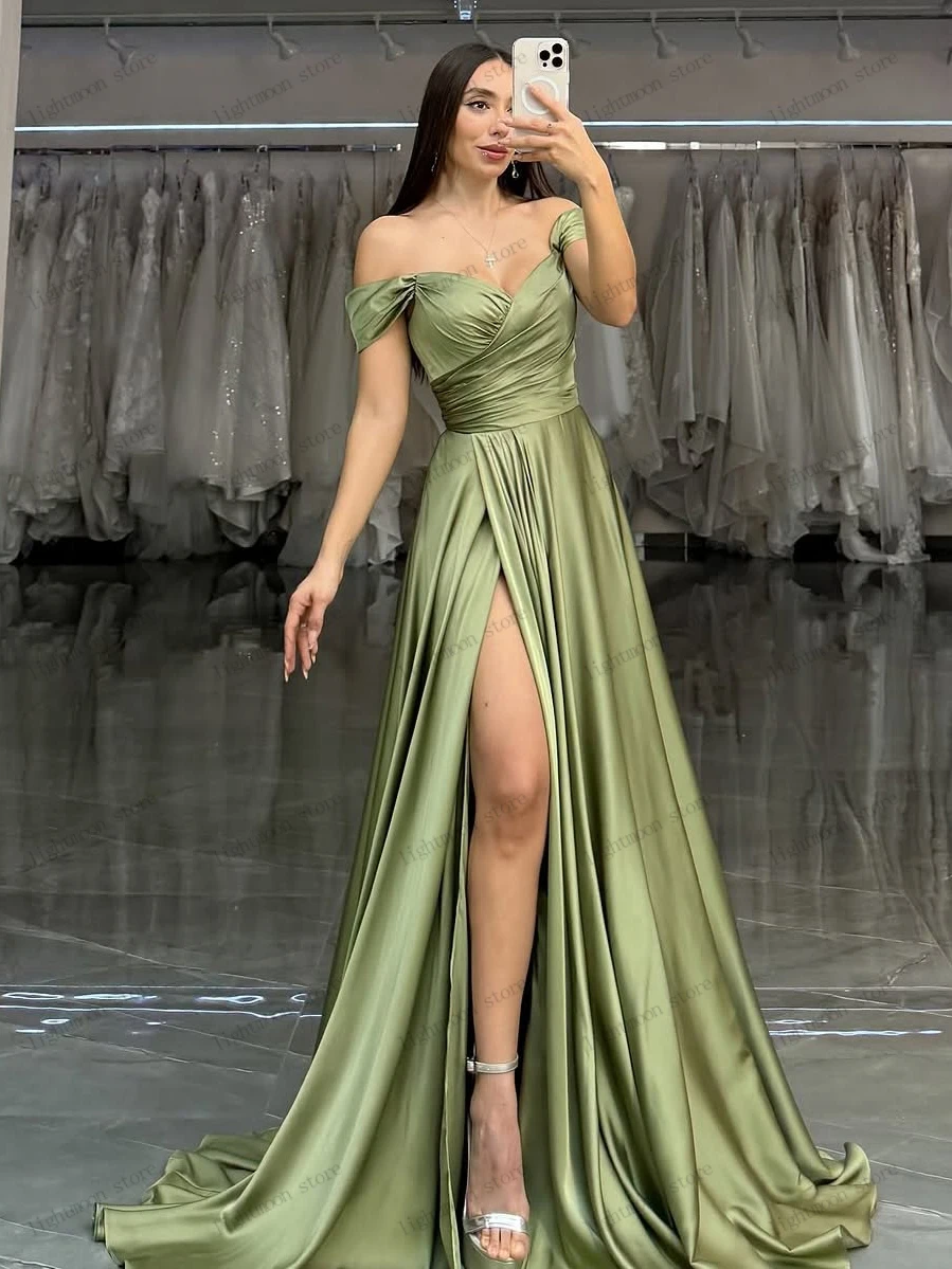 Eenvoudige avondjurken satijnen galajurk sexy hoge splitjurken uit de schouder vloerlengte gewaden vestidos de gala aangepast