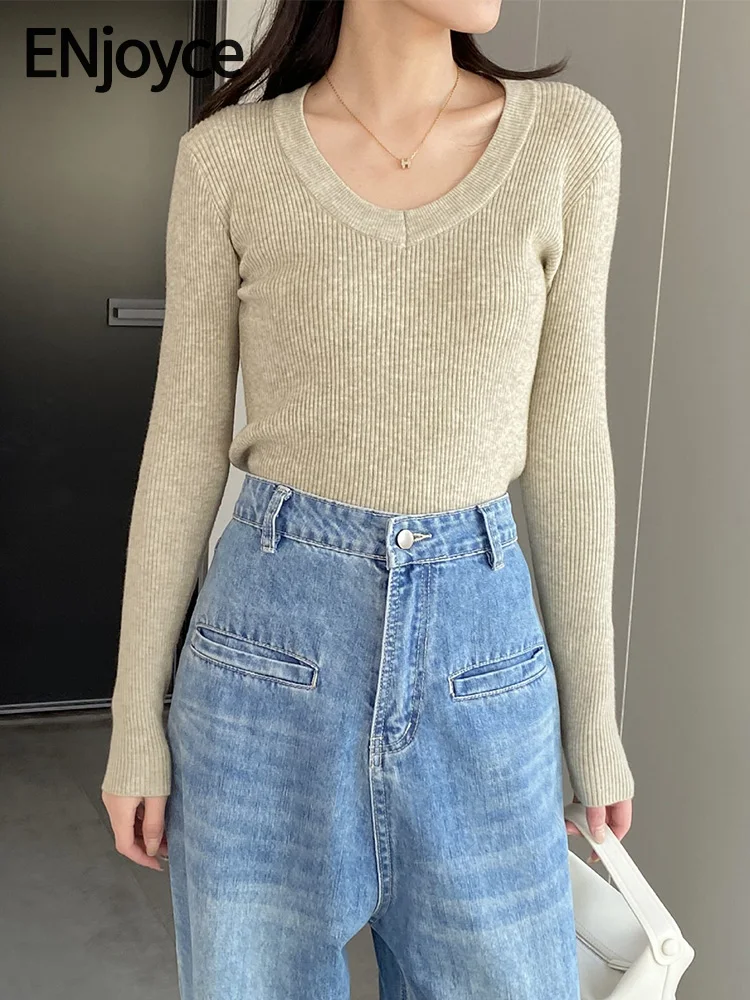 

ENjoyce Elegant Slim Sweaters Causal Knitted Pullover Crop Top Women Korean Fashion New Slim Knitwear 2024 Spring