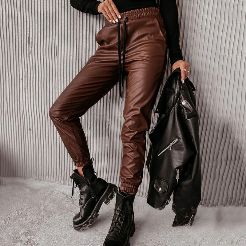 

Ardm Casual Waist Elastic Lace Up Auturn Leather Pants For Women 2023 Vintage Streetwear Black Pu Pencil Pants Slim Trousers