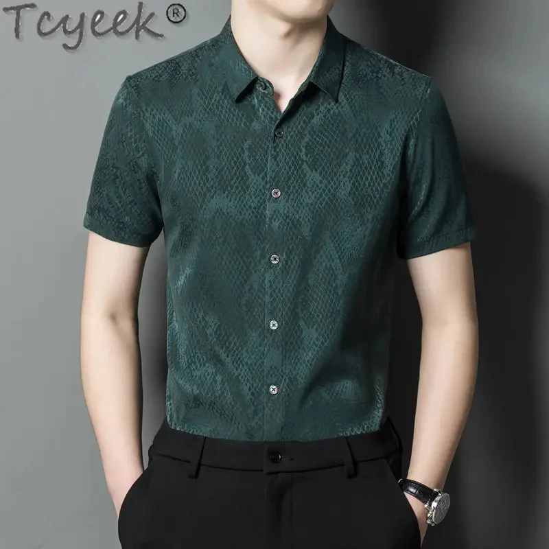 

Tcyeek Shirts for Men Summer New Short Sleeve Top Real 90.8% Mulberry Silk Shirt Casual Business Thin Tops Camiseta Masculina LM