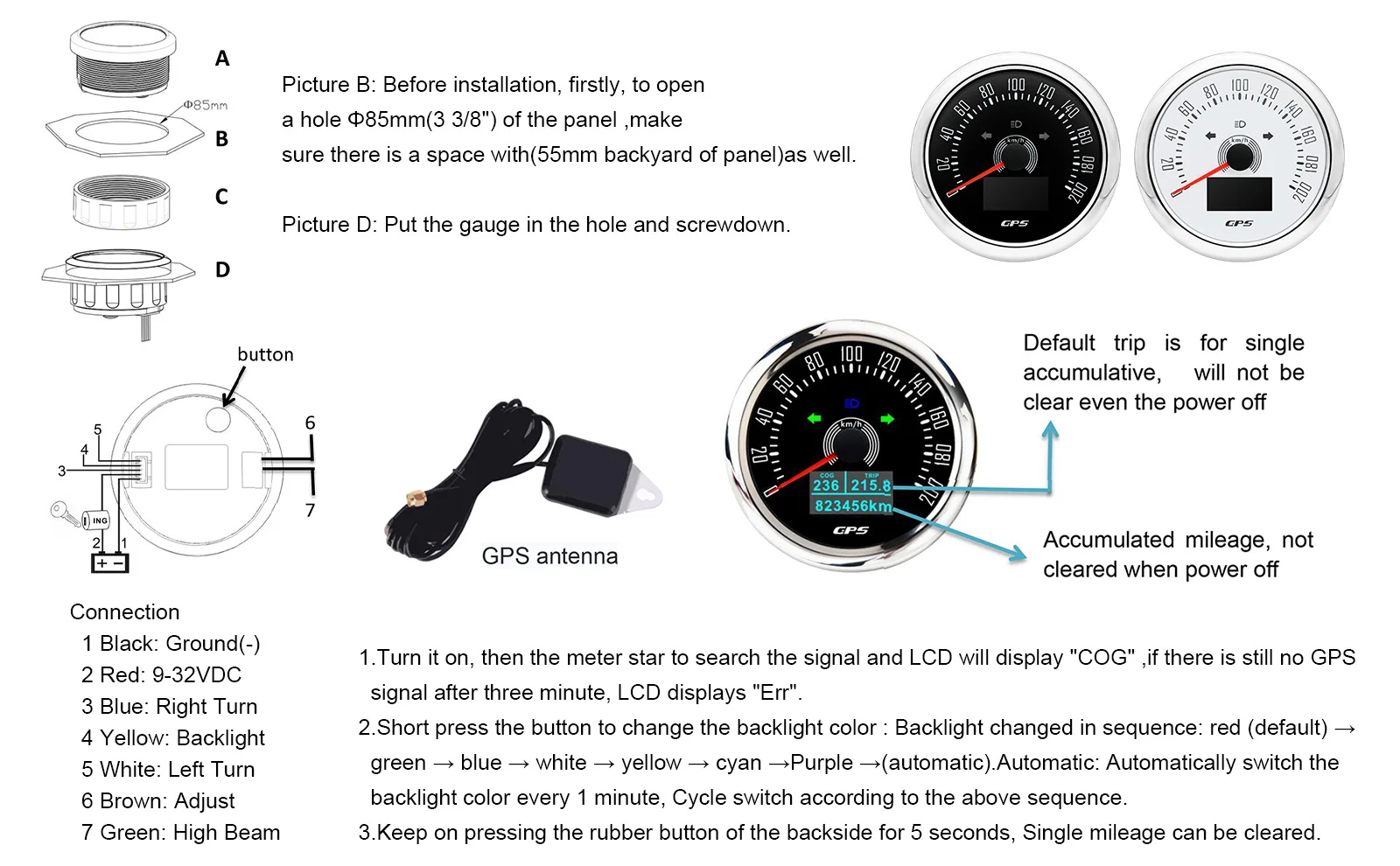 85 MM GPS Tacho 7 Farbe Hintergrundbeleuchtung Geschwindigkeit Gauge Mit GPS Antenne Für Motorrad Marine Boot Auto Lkw Geschwindigkeit Meter12V 24V – Detail 1