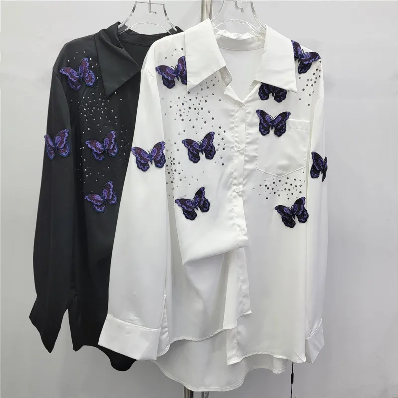 

rhinestone three-dimensional flower black long-sleeved butterfly shirt autumn embroidered lace splicing top