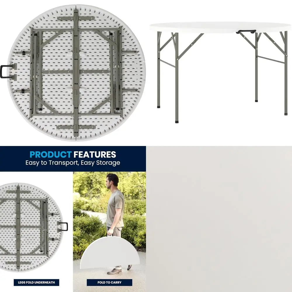 

Портативный белый пластиковый складной стол, диаметр 4 фута, с ручкой для переноски, идеально подходит для внутреннего и наружного использования.