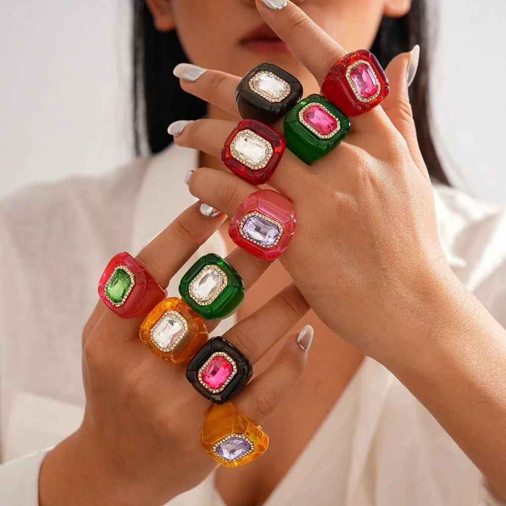 Korean Punk Style Exaggerated Acrylic Resin Ring Y2K Classic Candy Color Geometric Ring Resin Fashion Big Dome Plain Ring Women