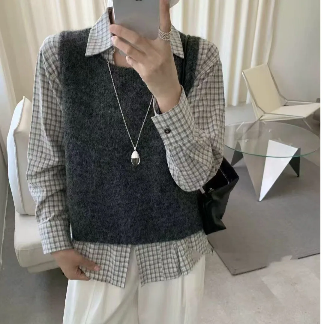 

Женский вязаный свитер, осень-зима, модный корейский клетчатый лоскутный свитер, искусственный двухсекционный простой элегантный id irt