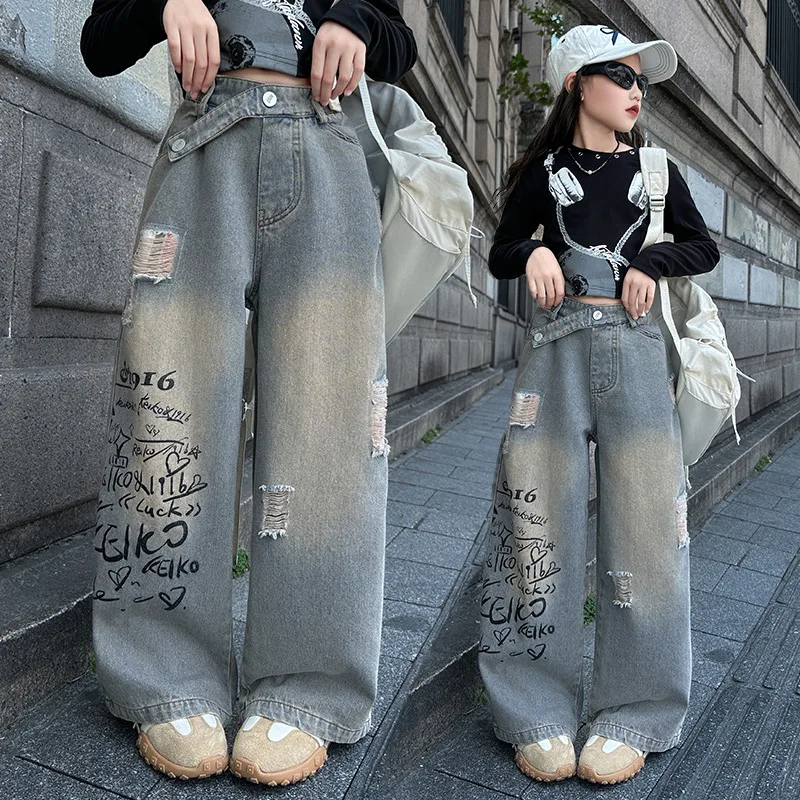 Teenager Girls Ripped Jeans for Autumn Graffiti Hole Pencil Denim Pants 4-14Years Student Children Casual Jeans Kids Trousers