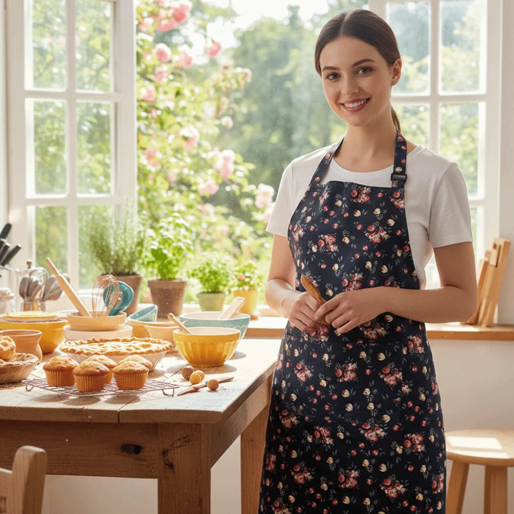 

Stain Resistant Floral Printed Apron Oil Resistant Elegant Waterproof Apron Adjustable with Pockets Cooking Apron Chef