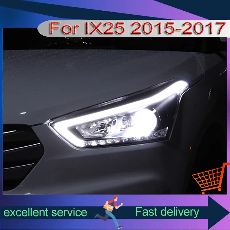 Auto Headlight For Hyundai IX25/Creta 2015-2017 Assembly Modified LED DRL Streaming Turn Signal Light Dual Lens Xenon Front Lamp