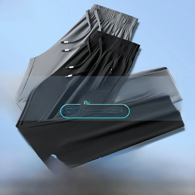 

Высокоэластичные летние брюки из ледяного шелка для мужчин: тонкие, прямые, дышащие, быстросохнущие, больших размеров, для спорта и повседневной носки