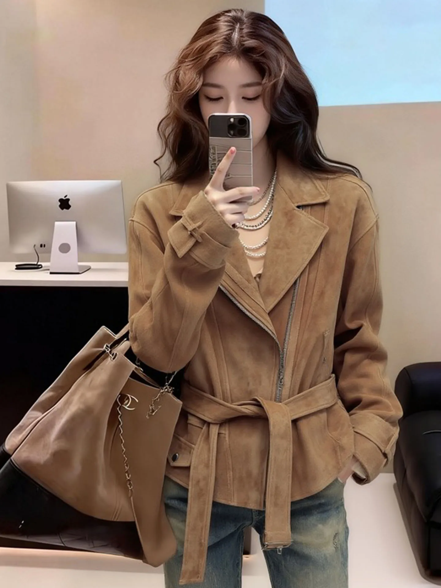 

Модное винтажное пальто с поясом и воротником, женское, цвет кофе, весна 2026, с эффектом утяжки талии, эффектная короткая верхняя одежда