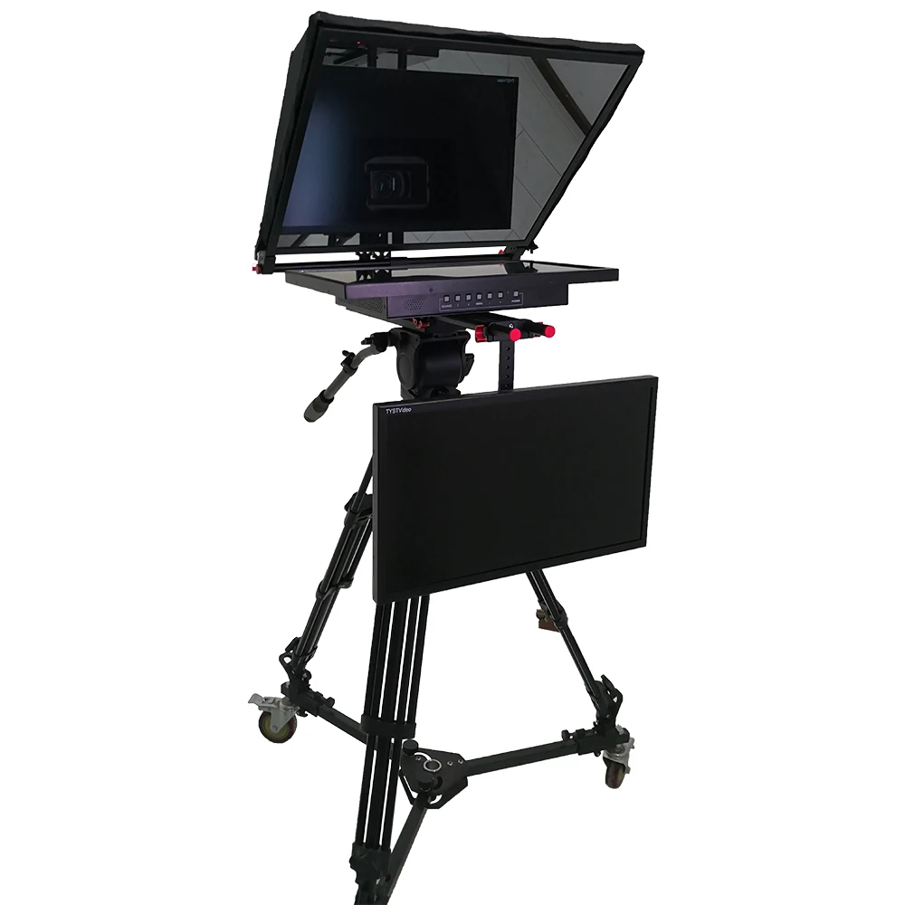 TS-T110/22D Teleprompter di trasmissione a doppio schermo da 22" con treppiede con rotelle su fotocamera da studio software in vetro temperato