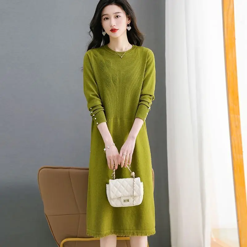 Round Neck Fur Women's Slim and Long Base Knitted Dress Loose Autumn and Winter New Style Dress Over the Knee New Style 2024