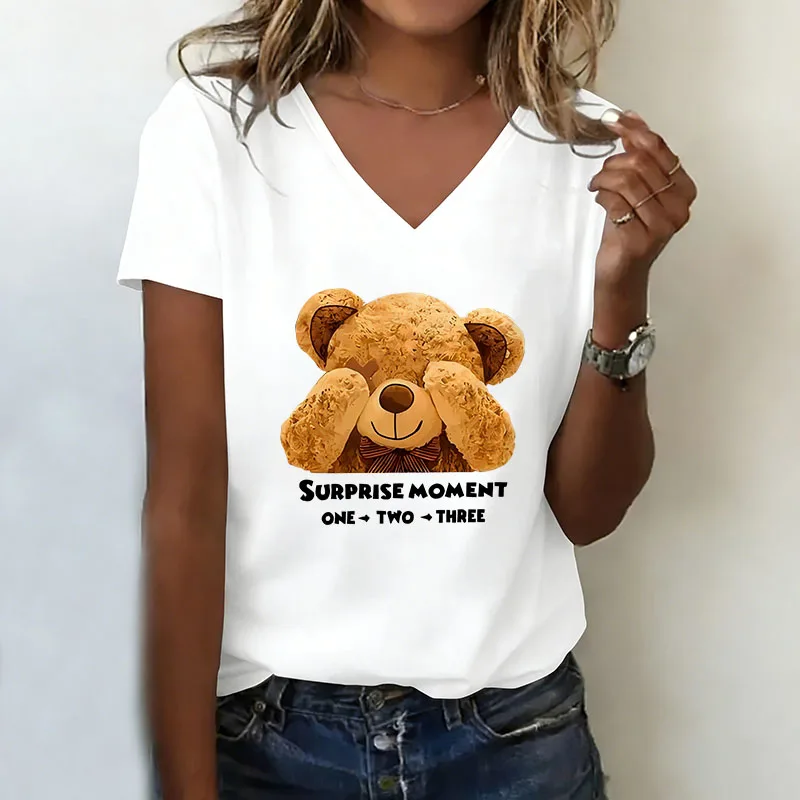 Casual T-shirt V Neck Casual Fashion Y2k Fuuny Bear Printed T Shirts Women Short Sleeve Tee Shirt V-Neck Summer Spring