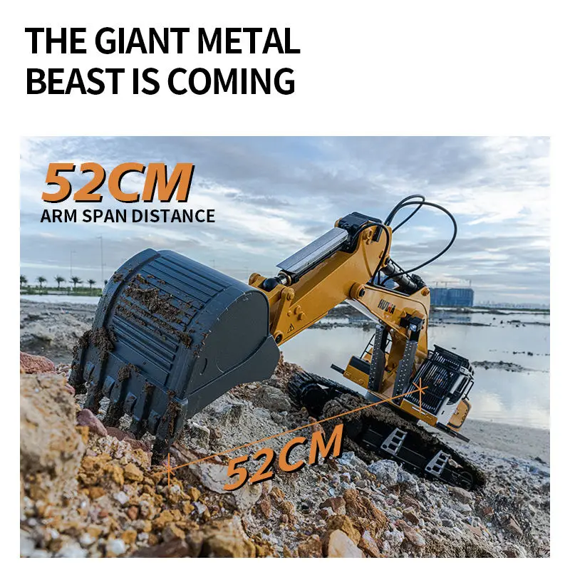 Huina 1599 Metal Excavator  1:14 Scale 24 channel all-alloy Simulation RC Excavator Electric Toy Trucks With light and sound