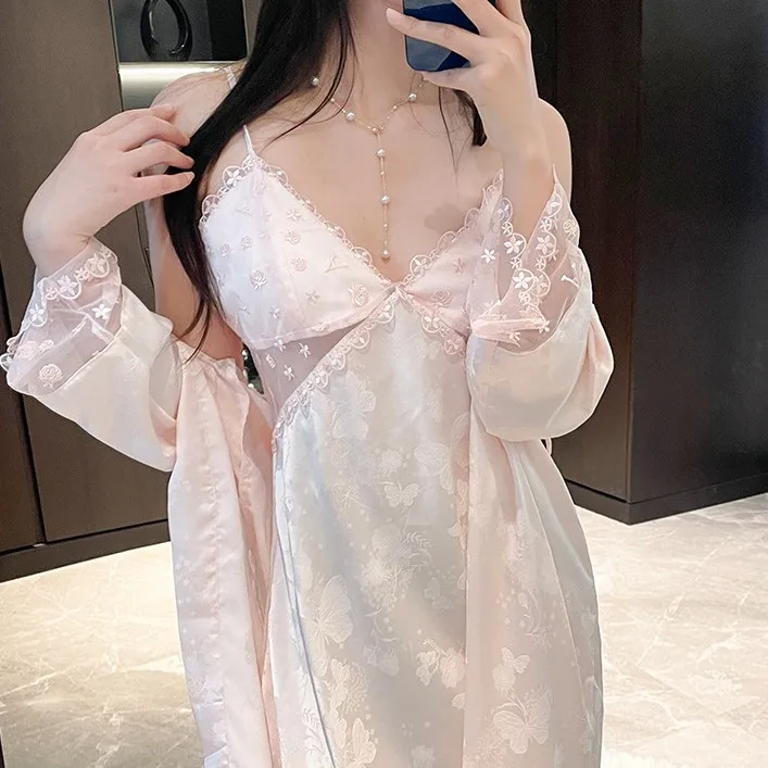 2 Pieces Robe Nightgown Set Lace Nightwear Loungewear Women Satin Sleepwear Nightdress Kimono Bathrobe Gown Suit Summer Lingerie