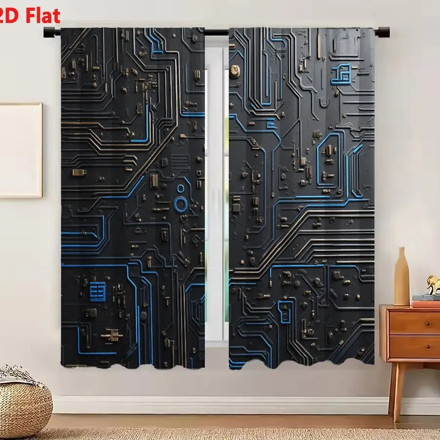 2Pcs Curtains 2D Flat Close - up Detailed Electronic Circuit Board with Copper Traces Blue Lines Capacitors Resistors Integrated